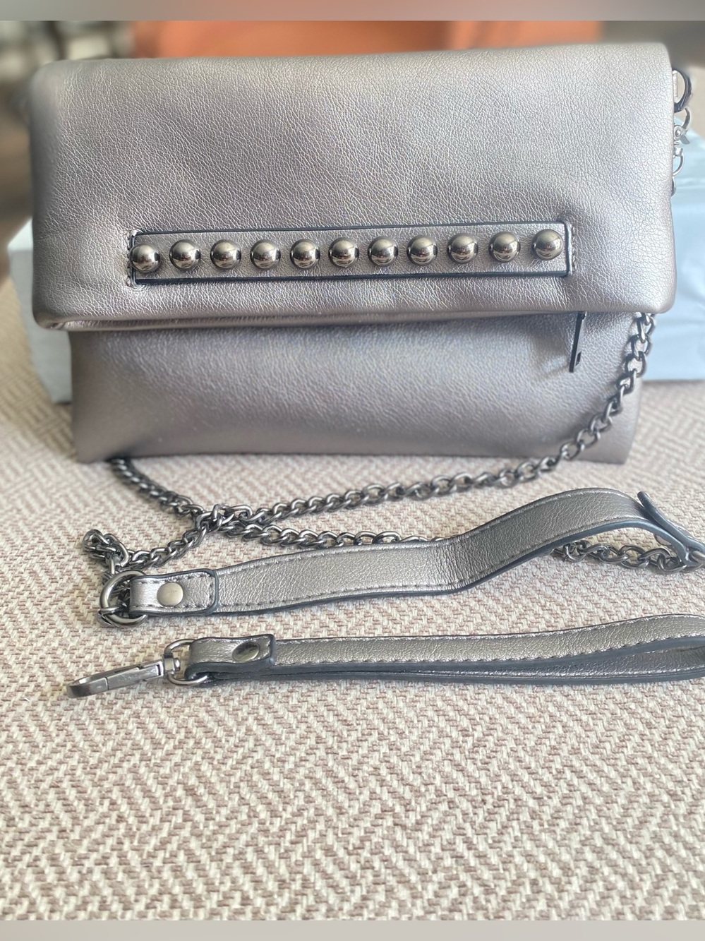Metallic Gunmetal Studded Crossbody Bag with Chain Strap
